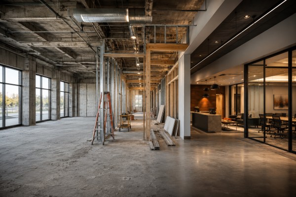 Commercial space transforming from empty shell to finished business interior