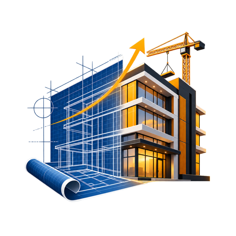 Blueprint transforming into a completed building